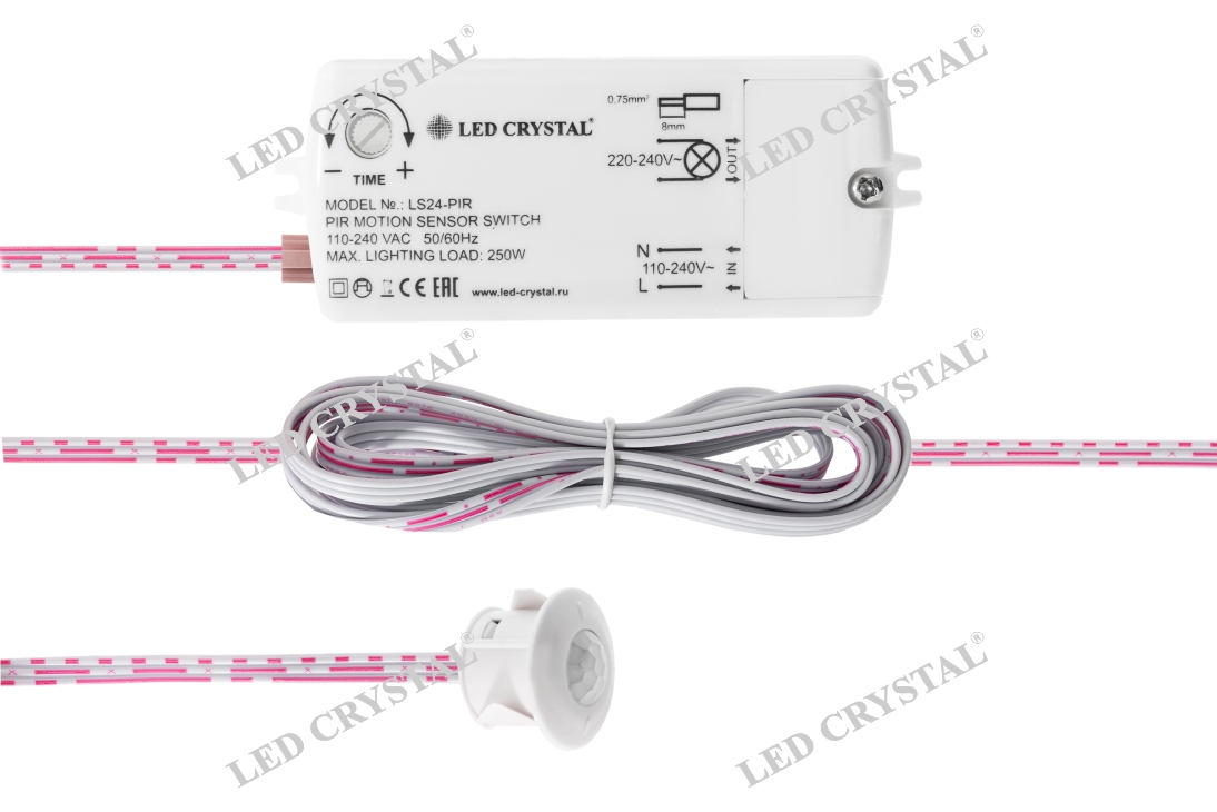 LED CRISTAL Выключатель PIR, датчик движения 2м, 220V, 250W, IP20, белый